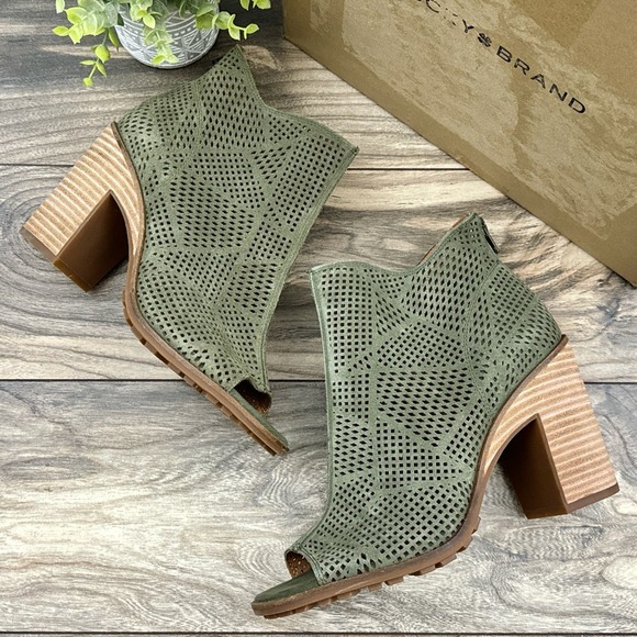 Lucky Brand Shoes - NIB Lucky Brand Vacob 9M Open Toe Perforated Block Heel Ankle Bootie Olive Suede